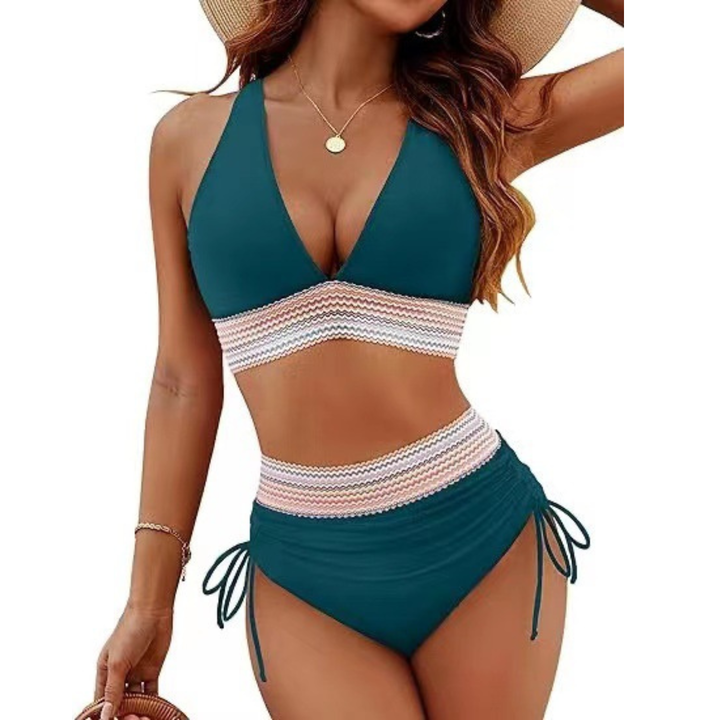 Women's Lace Trim Halter Bikini Set with Ruched Side-Tie Bottoms