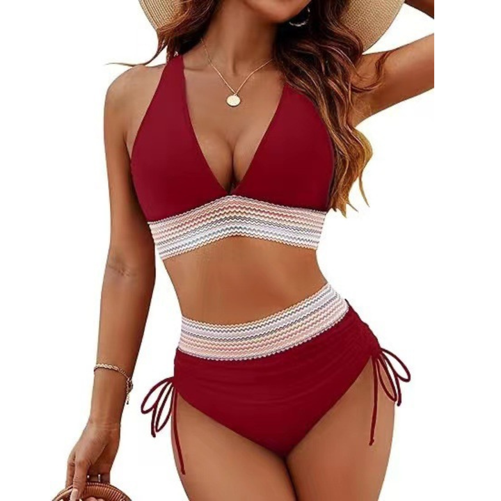 Women's Lace Trim Halter Bikini Set with Ruched Side-Tie Bottoms