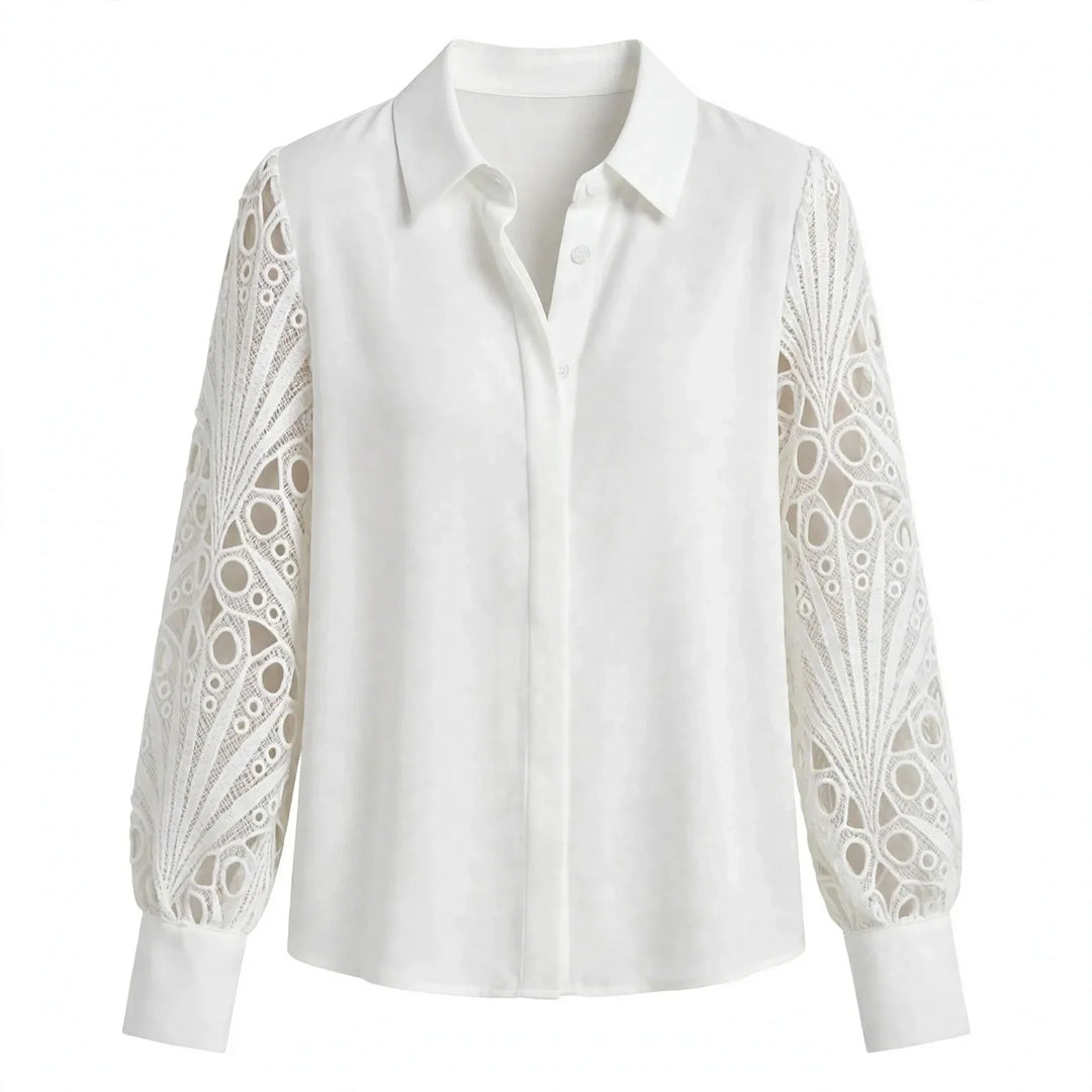 Women's Eyelet Lace Sleeve Collared Button-Up Blouse