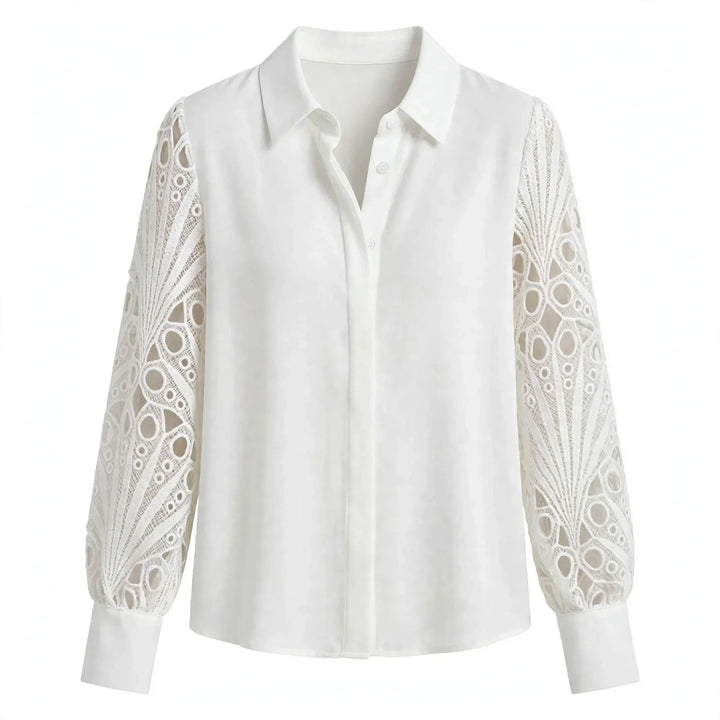 Women's Eyelet Lace Sleeve Collared Button-Up Blouse
