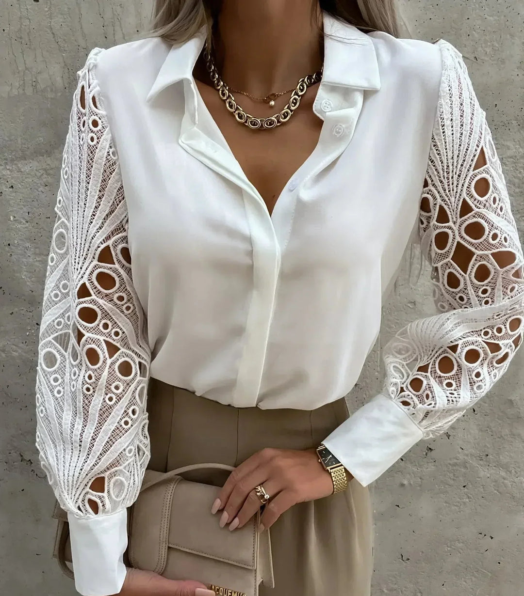 Women's Eyelet Lace Sleeve Collared Button-Up Blouse