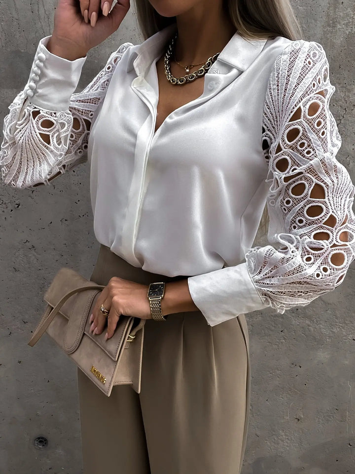 Women's Eyelet Lace Sleeve Collared Button-Up Blouse