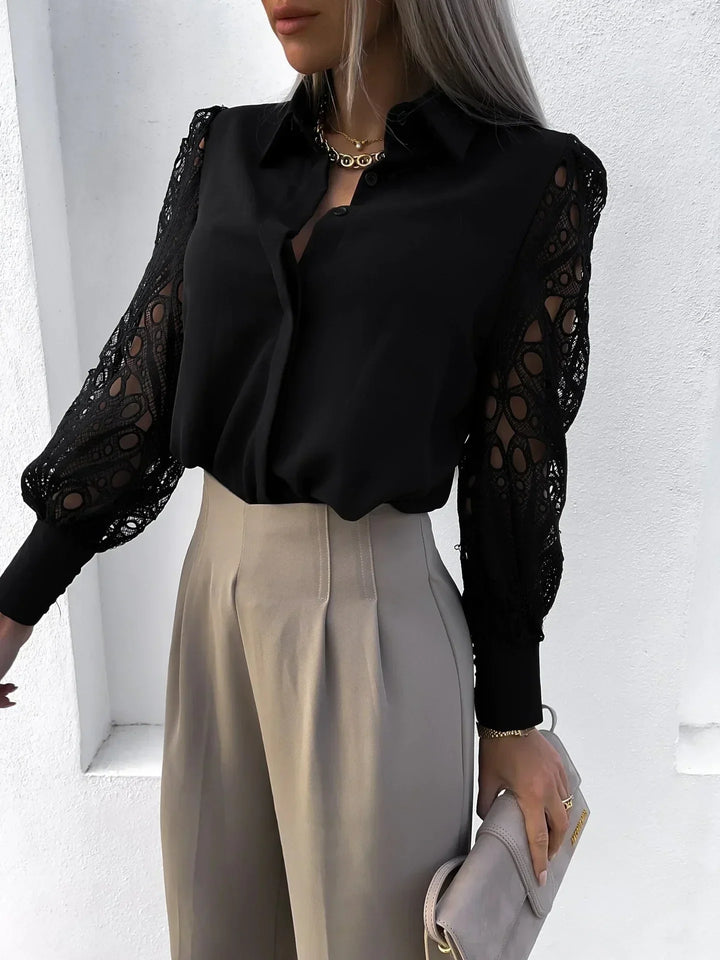 Women's Eyelet Lace Sleeve Collared Button-Up Blouse