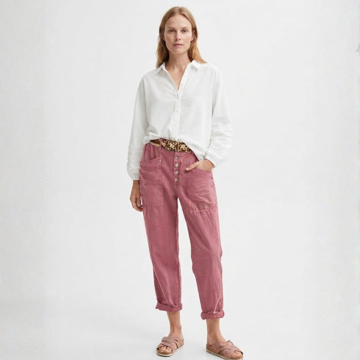 Women's Linen-Look Button Fly Pants with Patch Pockets