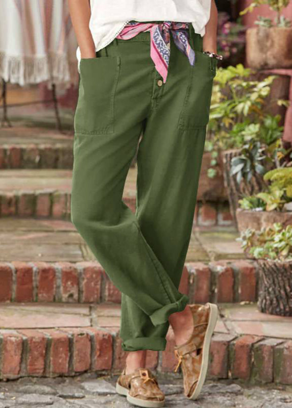 Women's Linen-Look Button Fly Pants with Patch Pockets