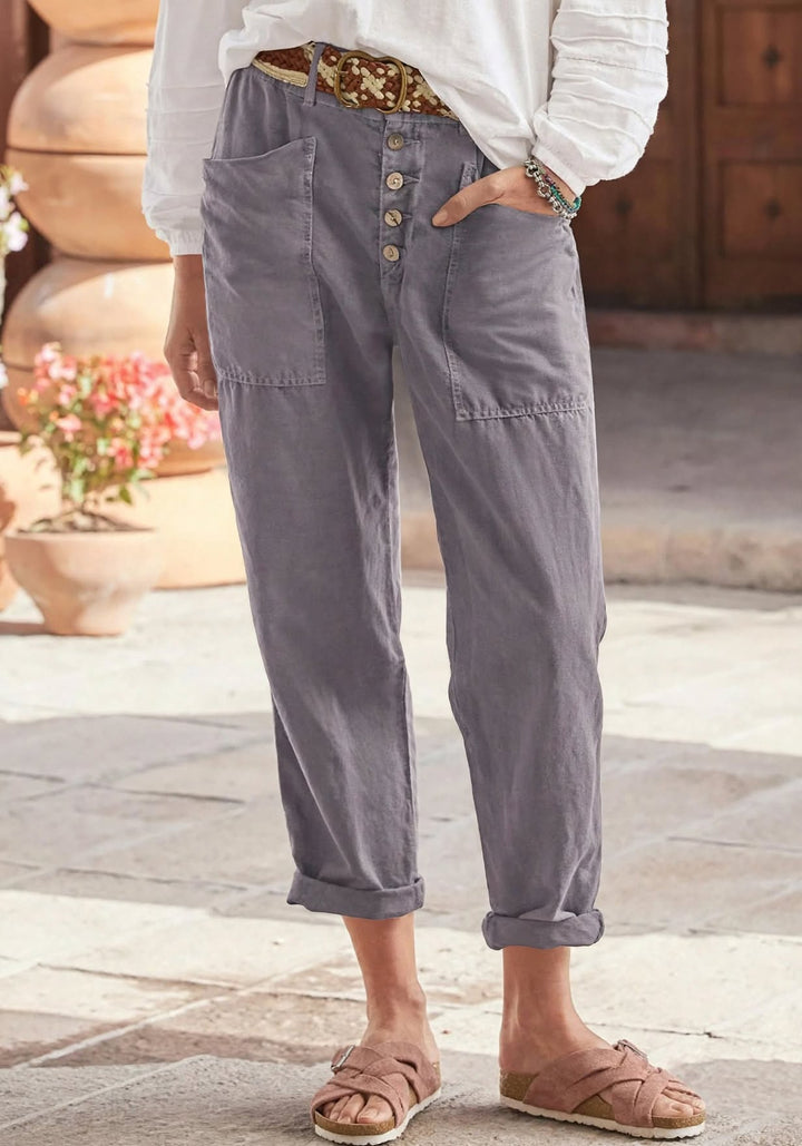 Women's Linen-Look Button Fly Pants with Patch Pockets