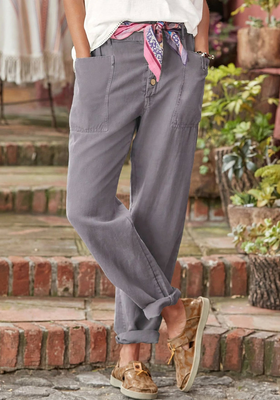 Women's Linen-Look Button Fly Pants with Patch Pockets