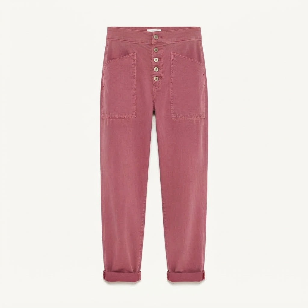 Women's Linen-Look Button Fly Pants with Patch Pockets