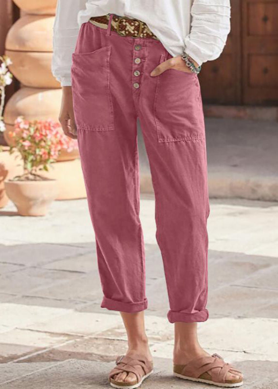 Women's Linen-Look Button Fly Pants with Patch Pockets