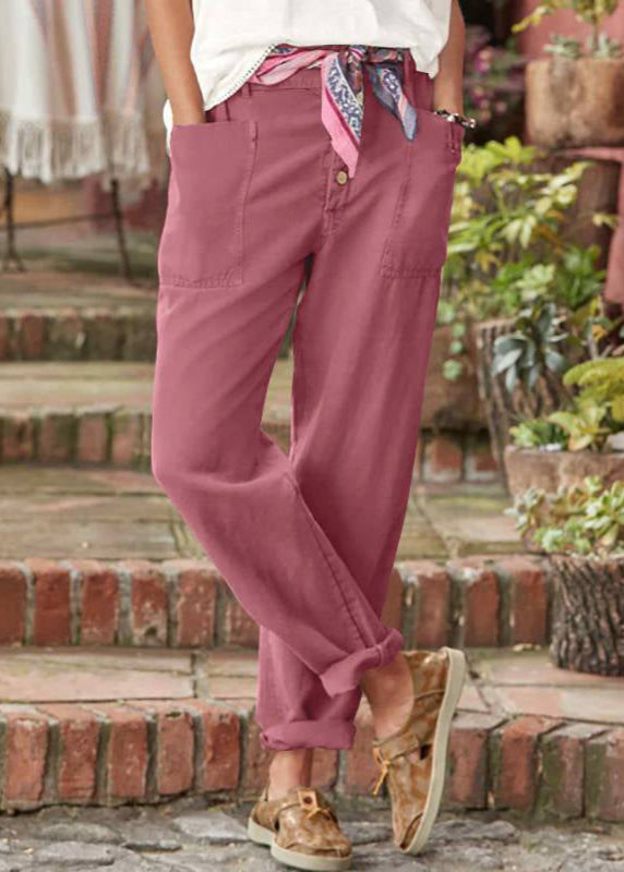 Women's Linen-Look Button Fly Pants with Patch Pockets