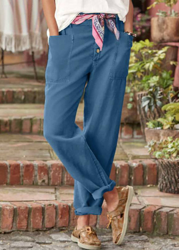 Women's Linen-Look Button Fly Pants with Patch Pockets