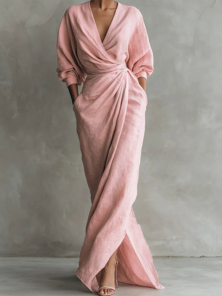 Women's Linen-Look Long Sleeve Wrap Maxi Dress with Split