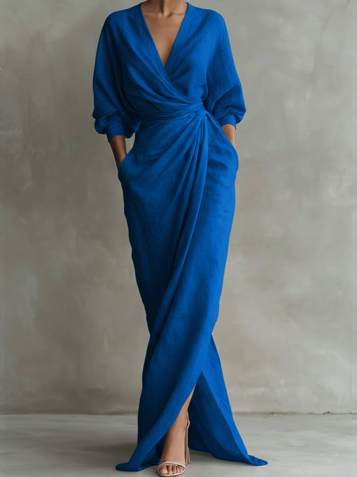 Women's Linen-Look Long Sleeve Wrap Maxi Dress with Split