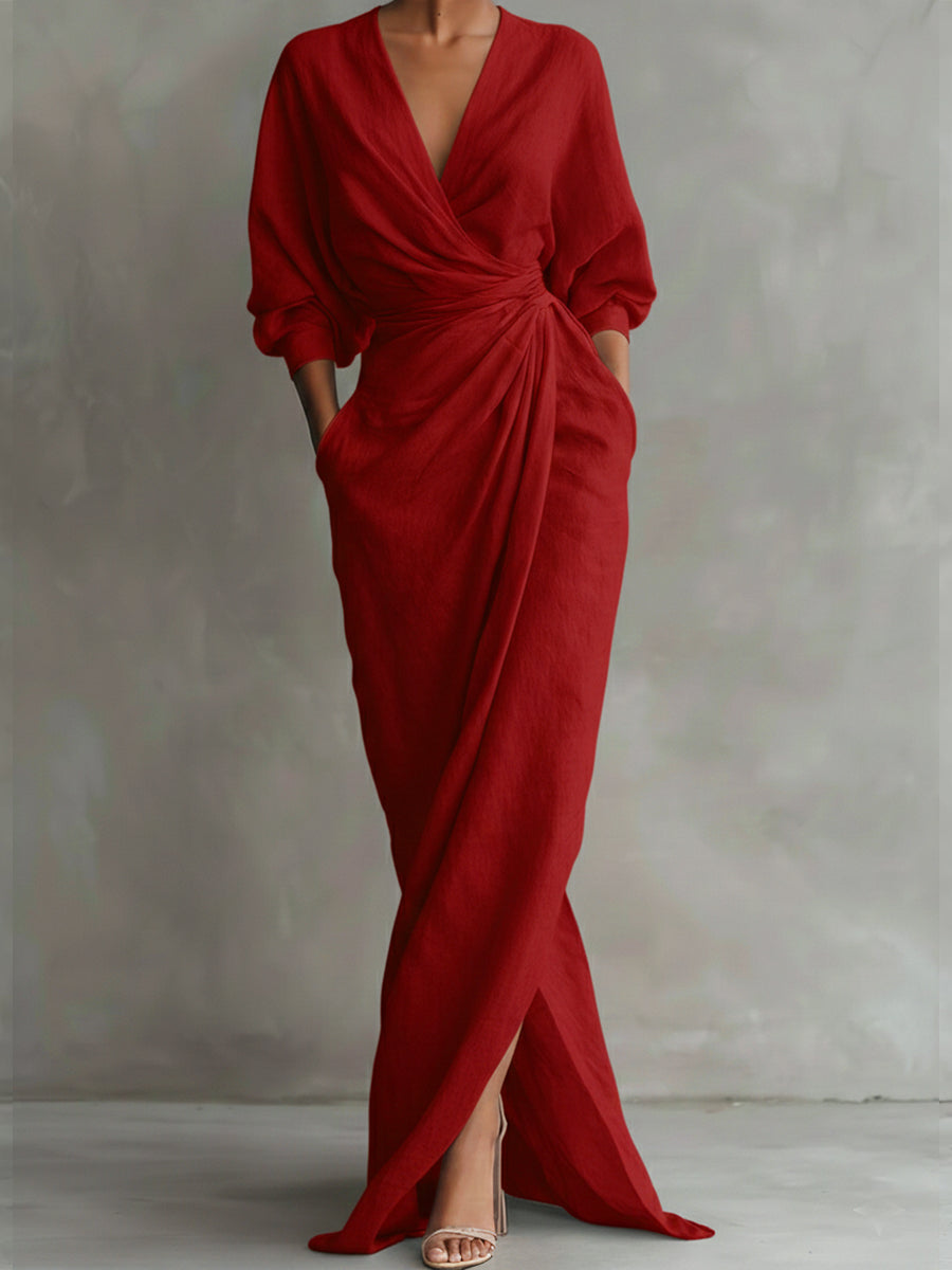 Women's Linen-Look Long Sleeve Wrap Maxi Dress with Split