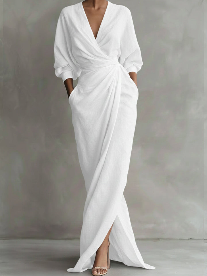 Women's Linen-Look Long Sleeve Wrap Maxi Dress with Split
