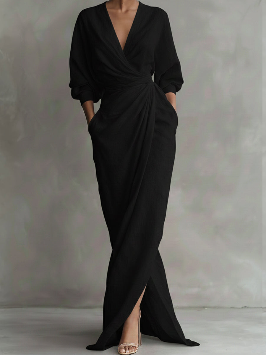 Women's Linen-Look Long Sleeve Wrap Maxi Dress with Split