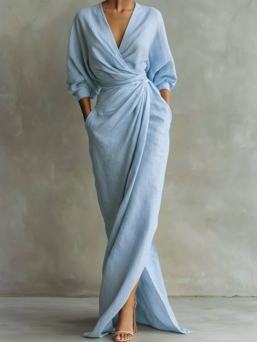 Women's Linen-Look Long Sleeve Wrap Maxi Dress with Split