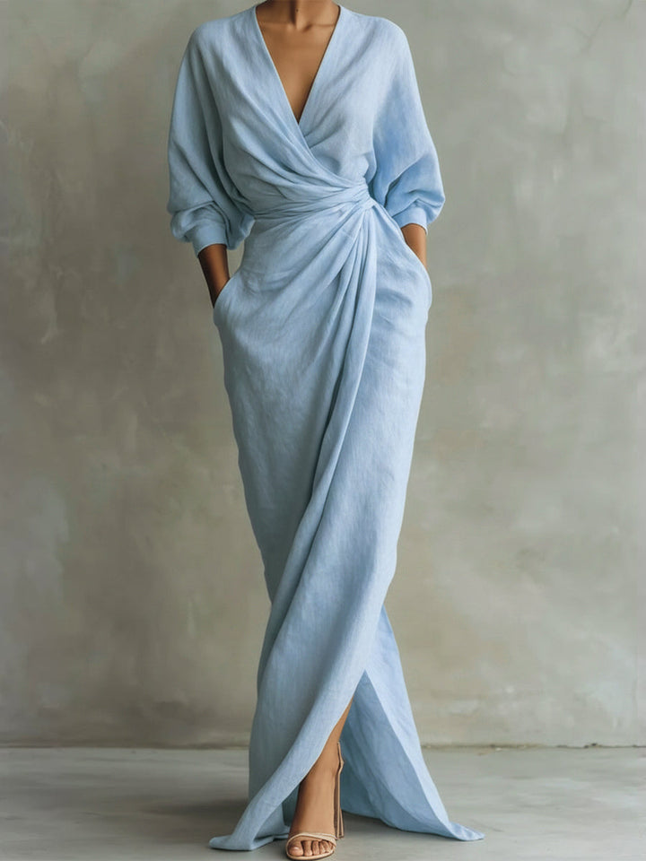 Women's Linen-Look Long Sleeve Wrap Maxi Dress with Split