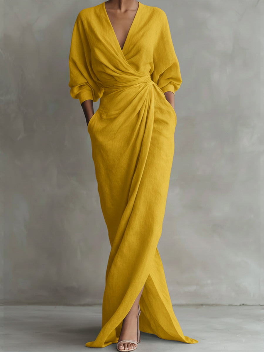 Women's Linen-Look Long Sleeve Wrap Maxi Dress with Split