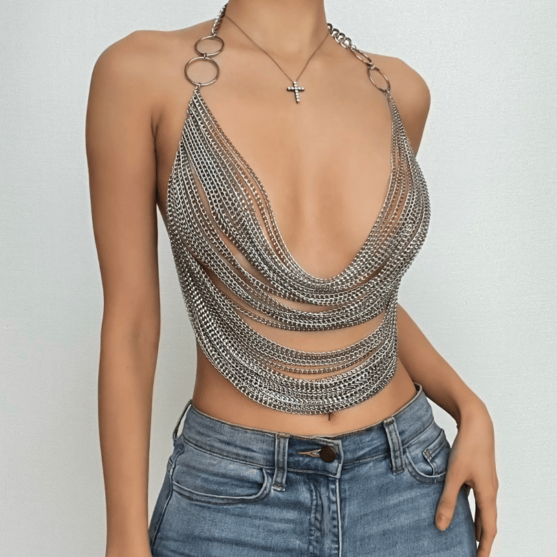 Women's Holiday Party Chain Halter Crop Top in Silver