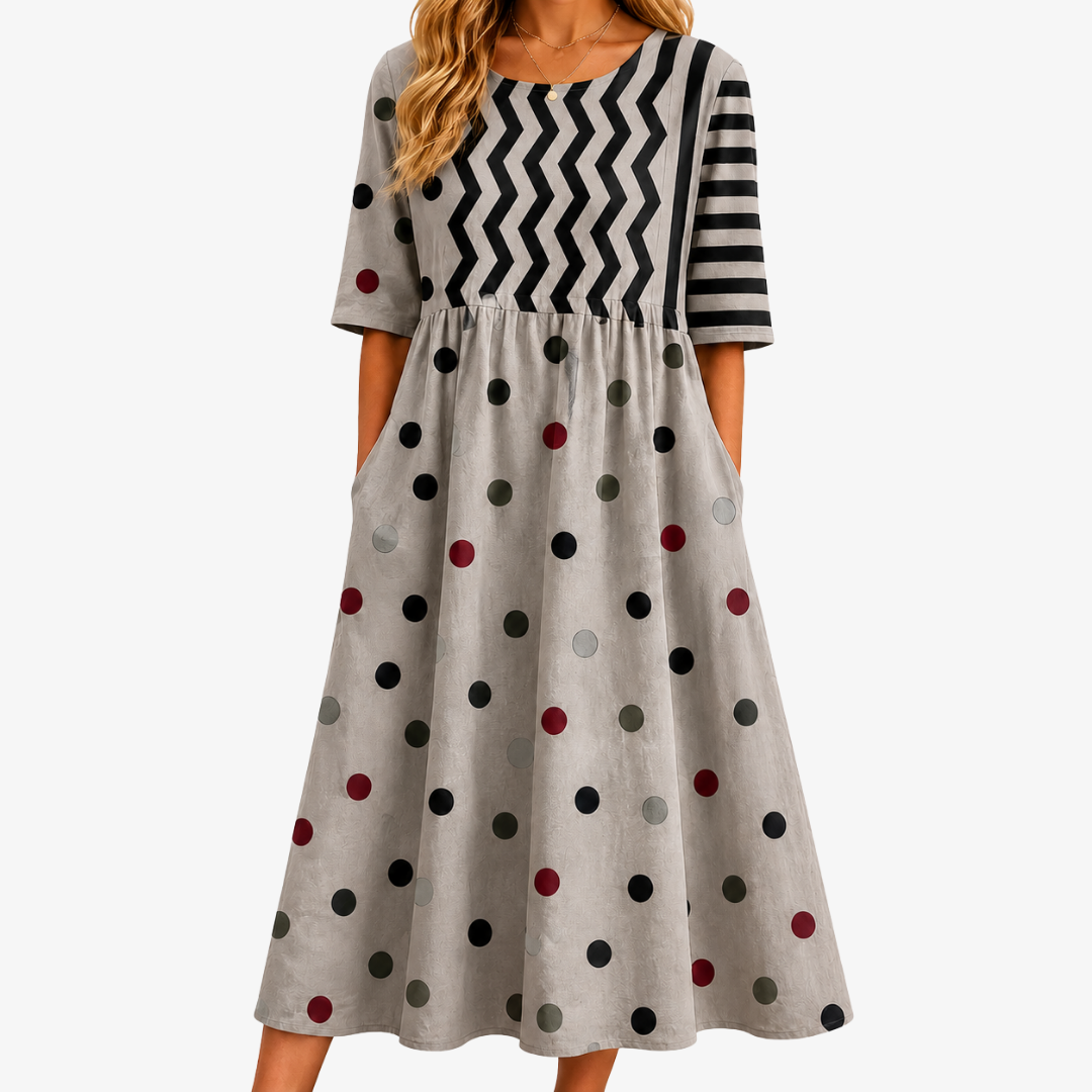 Women's Polka Dot and Chevron Summer Midi Dress with Pockets