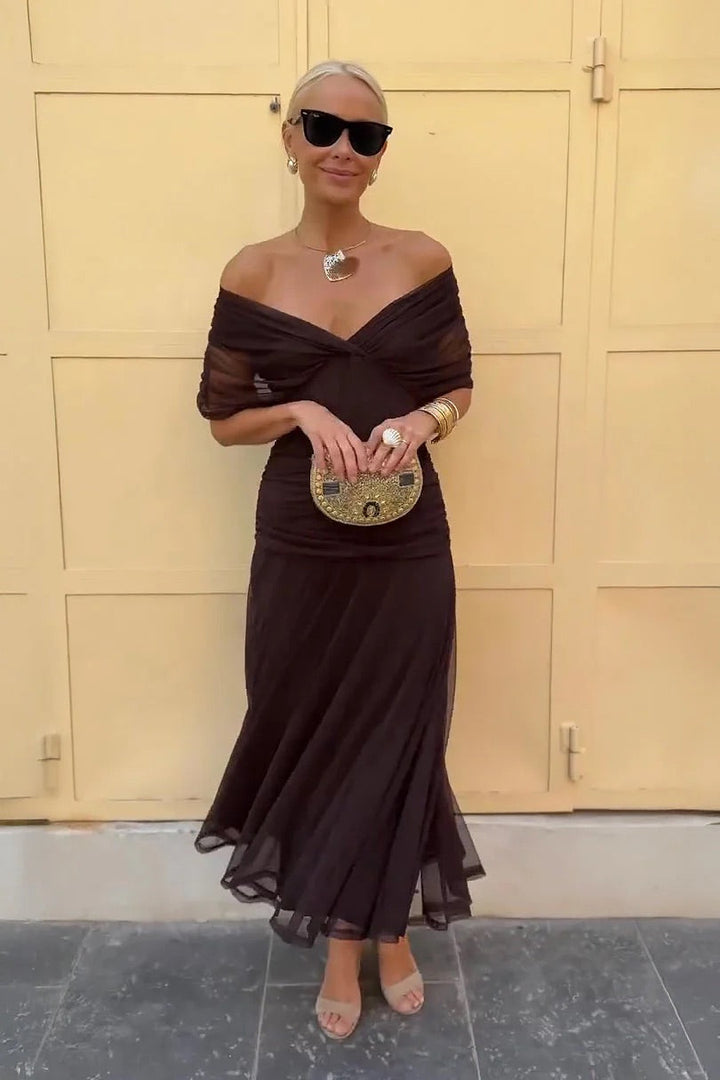 Women's Chiffon Off Shoulder Wedding Guest Maxi Dress