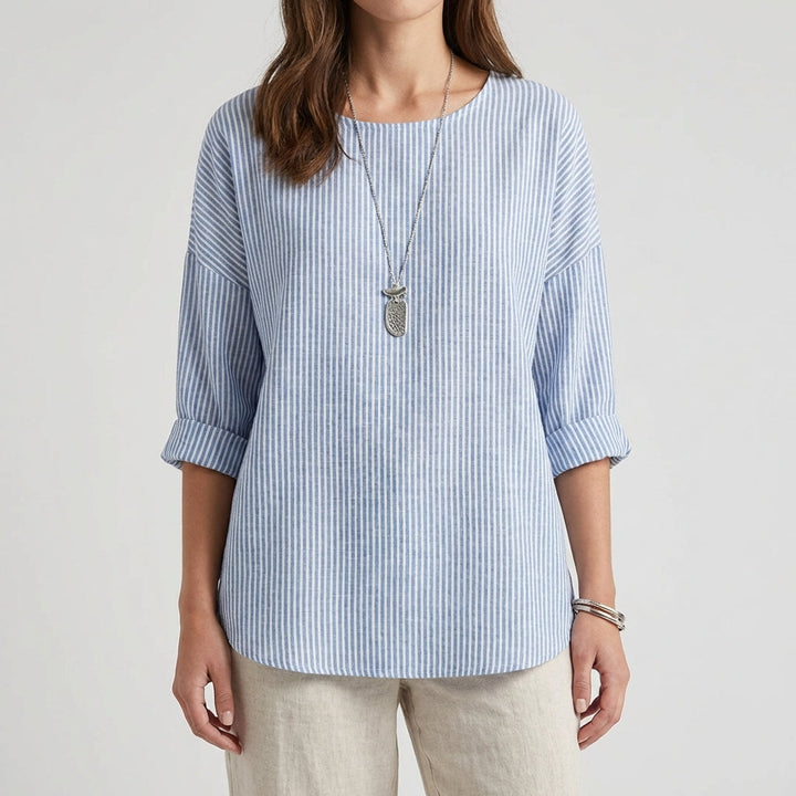 Women's Linen-Look Striped Oversized Blouse with Roll-Up Sleeves