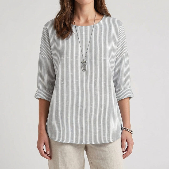 Women's Linen-Look Striped Oversized Blouse with Roll-Up Sleeves