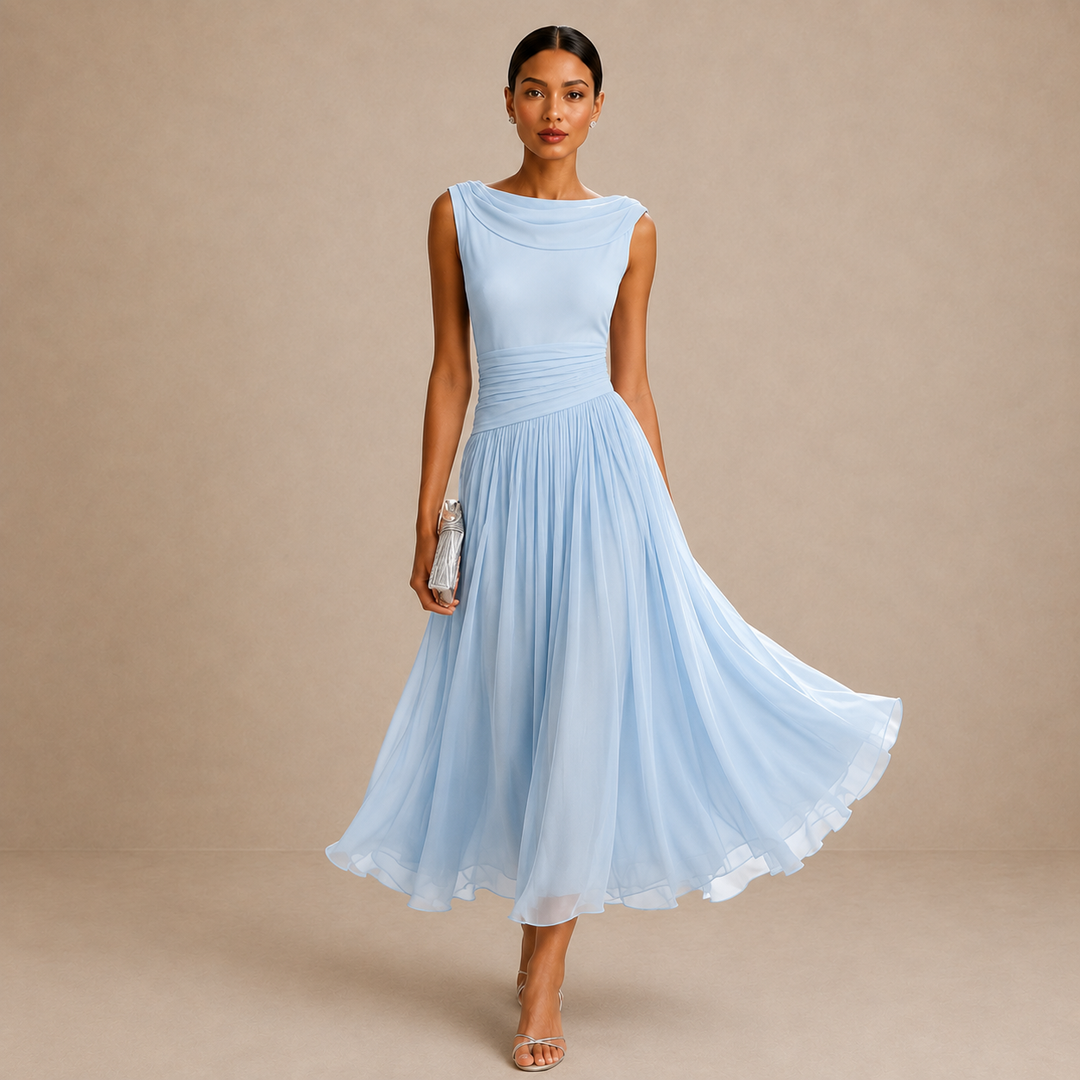 Women's Pleated Chiffon Sleeveless Bridesmaid Midi Dress