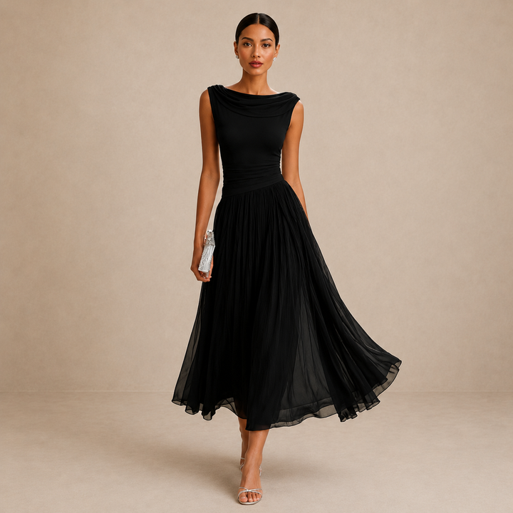 Women's Pleated Chiffon Sleeveless Bridesmaid Midi Dress