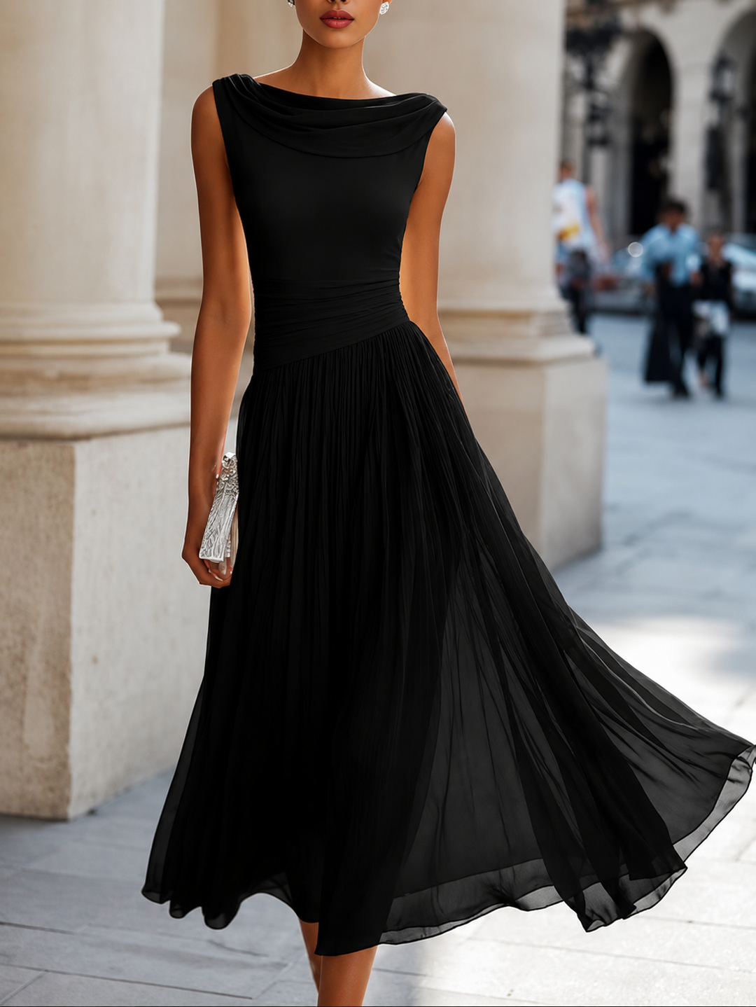 Women's Pleated Chiffon Sleeveless Bridesmaid Midi Dress