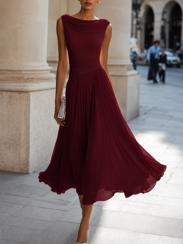 Women's Pleated Chiffon Sleeveless Bridesmaid Midi Dress