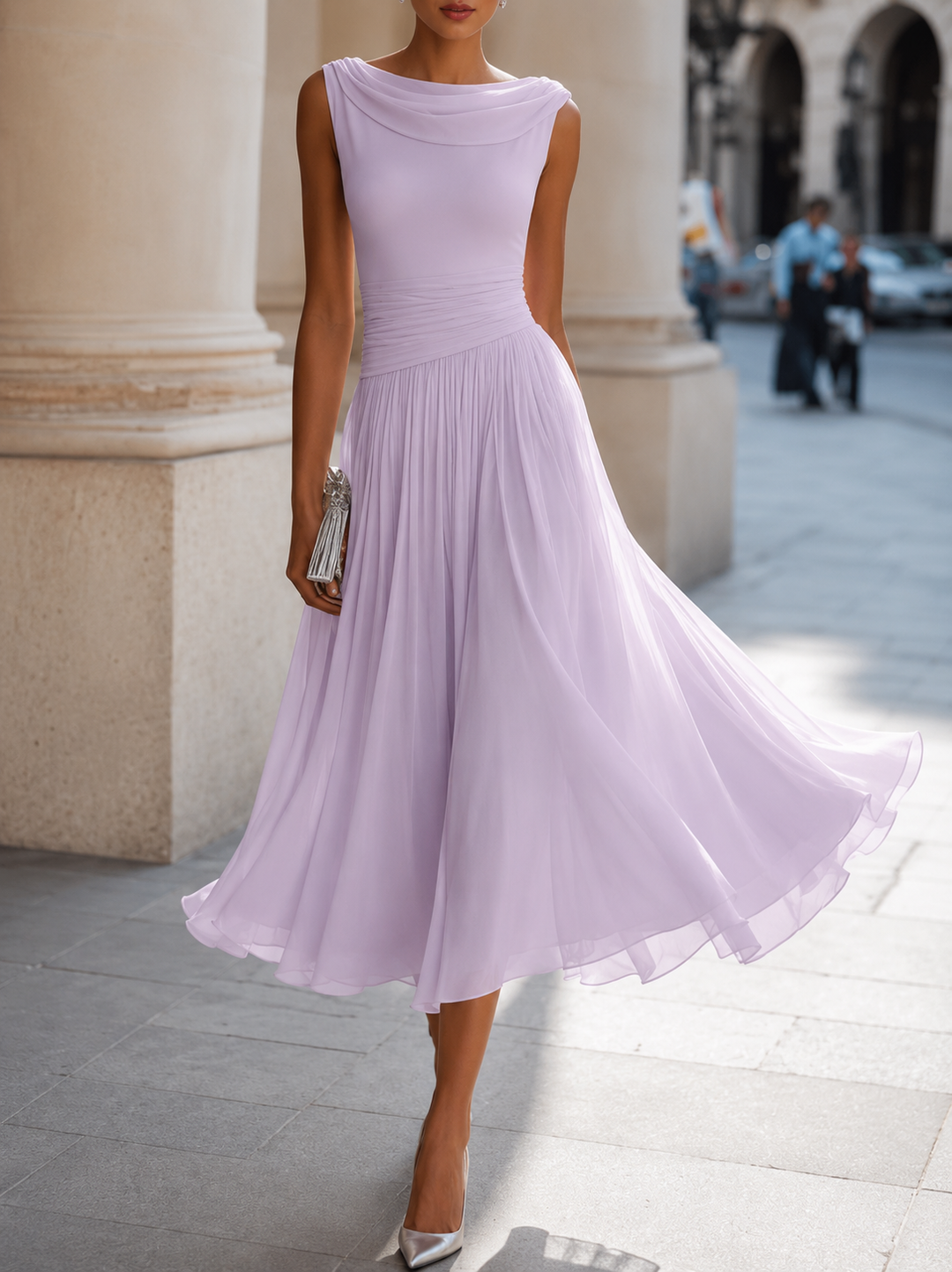 Women's Pleated Chiffon Sleeveless Bridesmaid Midi Dress