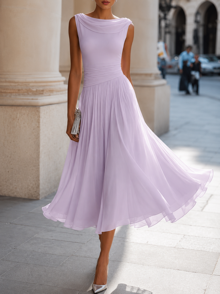 Women's Pleated Chiffon Sleeveless Bridesmaid Midi Dress