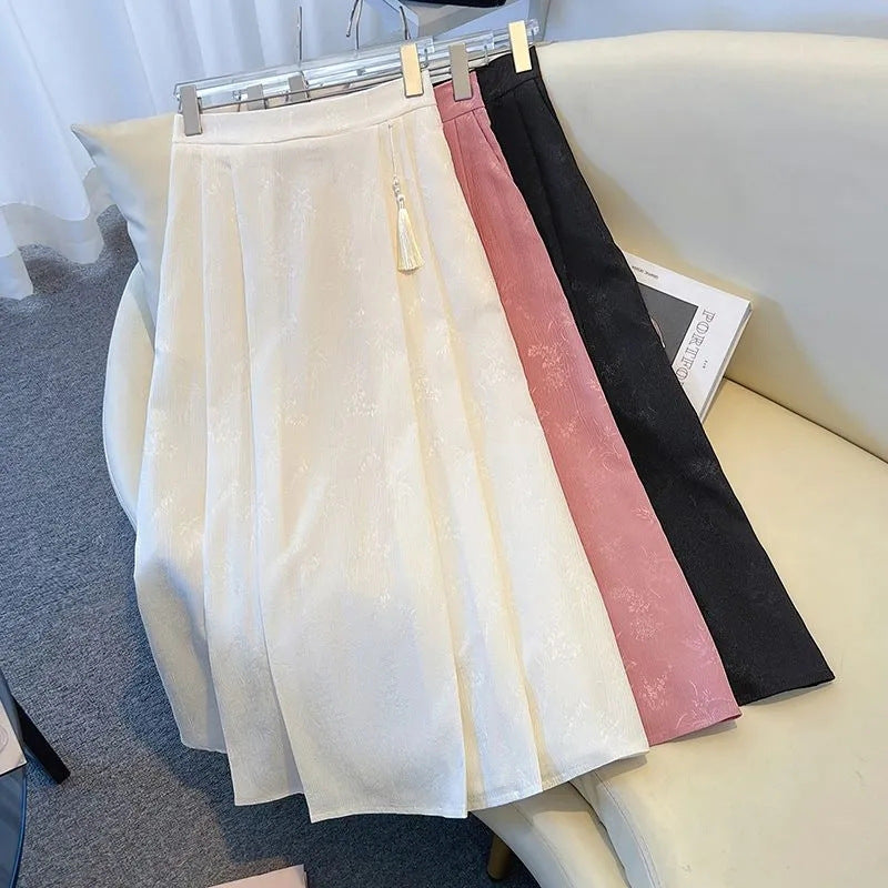 Women's Lightweight Jacquard Pleated A-Line Midi Skirt