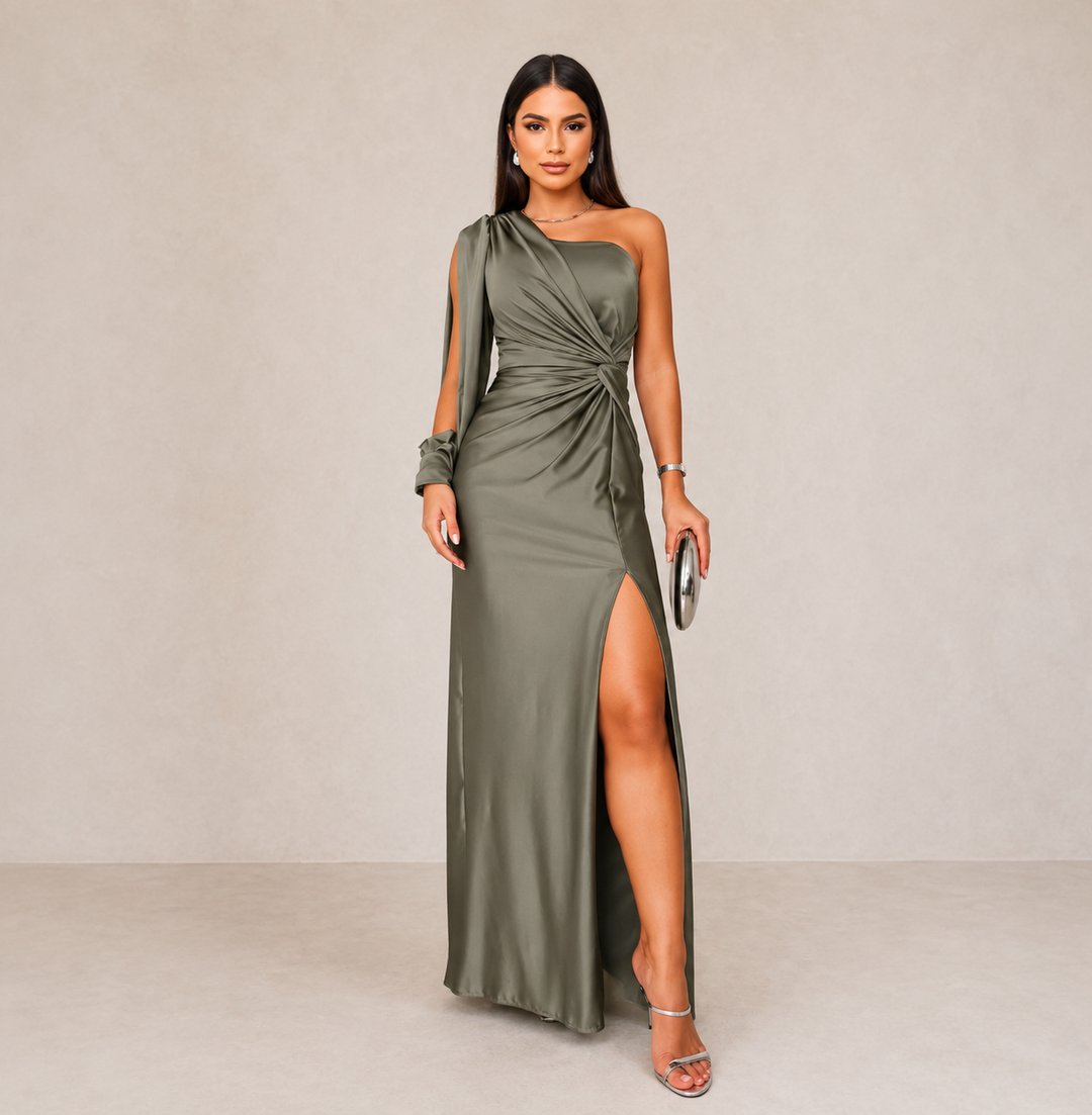 Women's Satin One Shoulder Formal Maxi Dress with Split