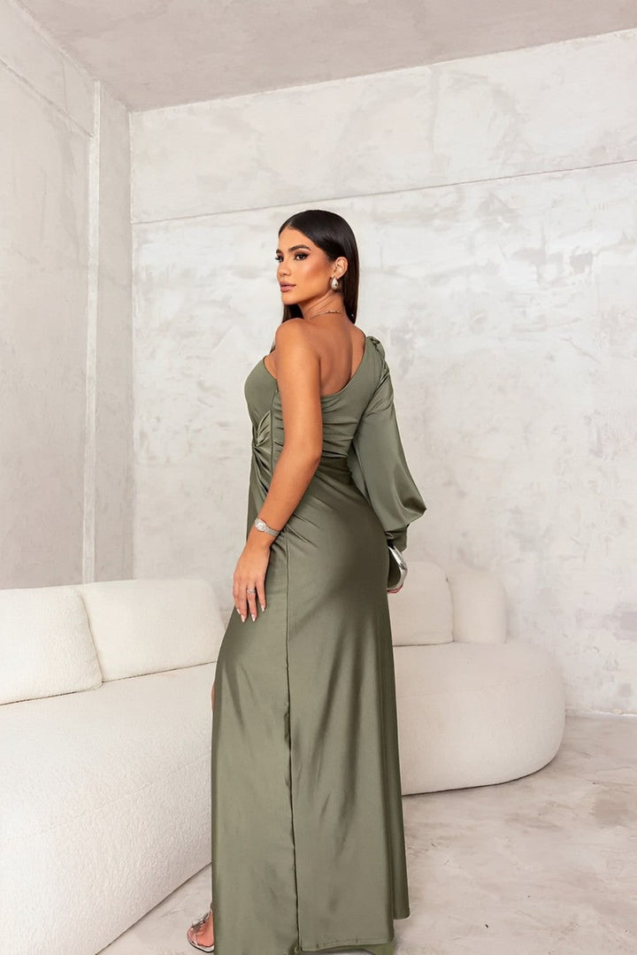 Women's Satin One Shoulder Formal Maxi Dress with Split