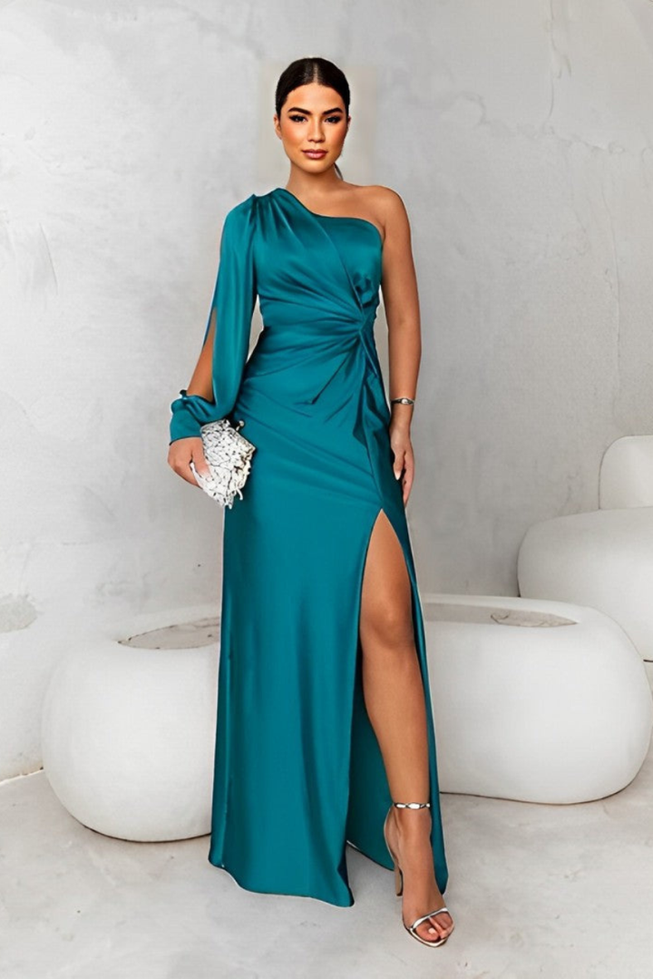 Women's Satin One Shoulder Formal Maxi Dress with Split