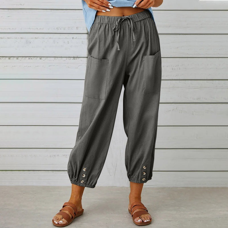 Women's Lightweight Cropped Drawstring Pants with Button Hem