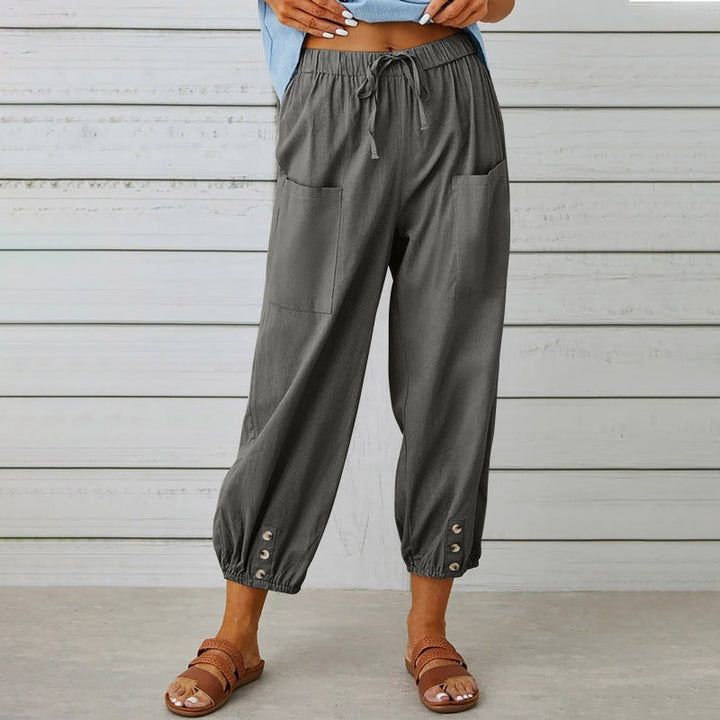 Women's Lightweight Cropped Drawstring Pants with Button Hem