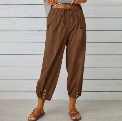 Women's Lightweight Cropped Drawstring Pants with Button Hem
