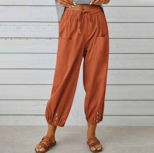Women's Lightweight Cropped Drawstring Pants with Button Hem