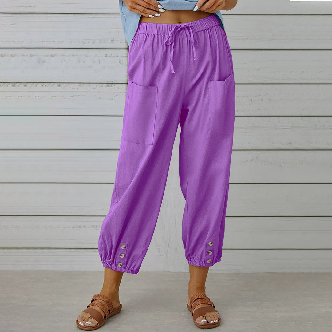 Women's Lightweight Cropped Drawstring Pants with Button Hem