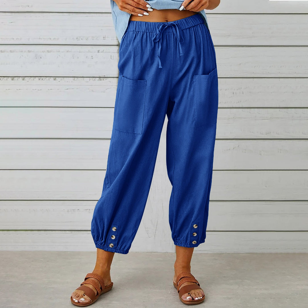 Women's Lightweight Cropped Drawstring Pants with Button Hem
