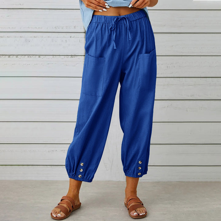 Women's Lightweight Cropped Drawstring Pants with Button Hem