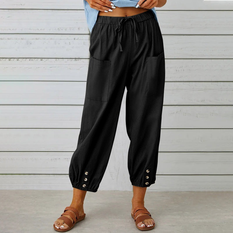 Women's Lightweight Cropped Drawstring Pants with Button Hem