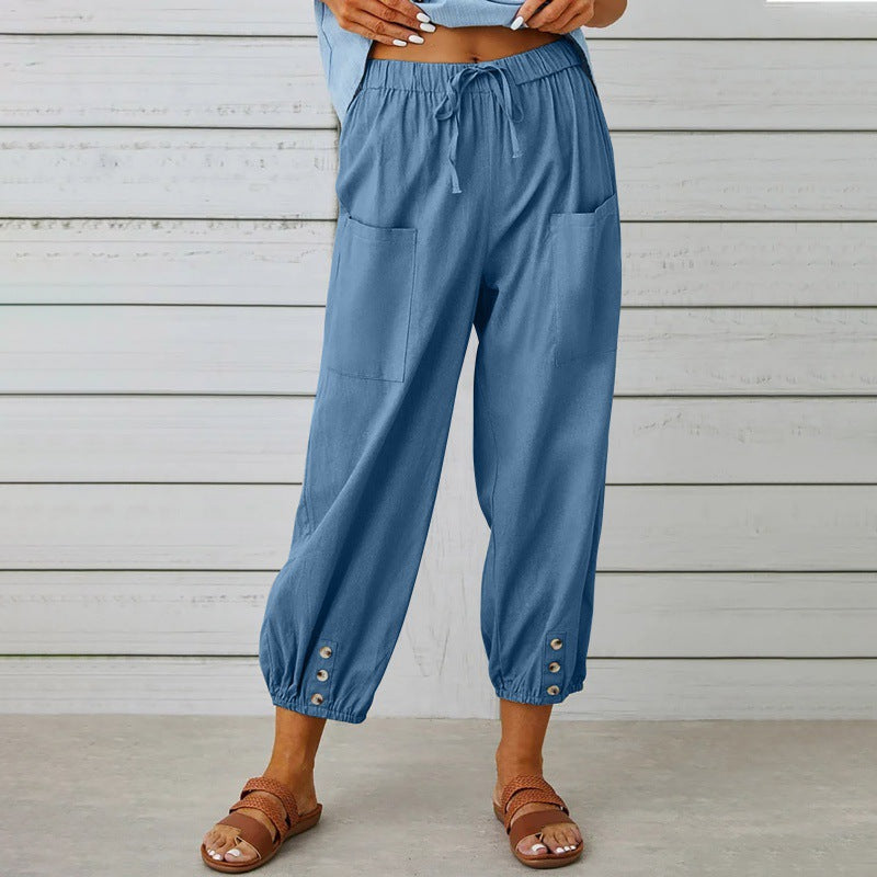 Women's Lightweight Cropped Drawstring Pants with Button Hem