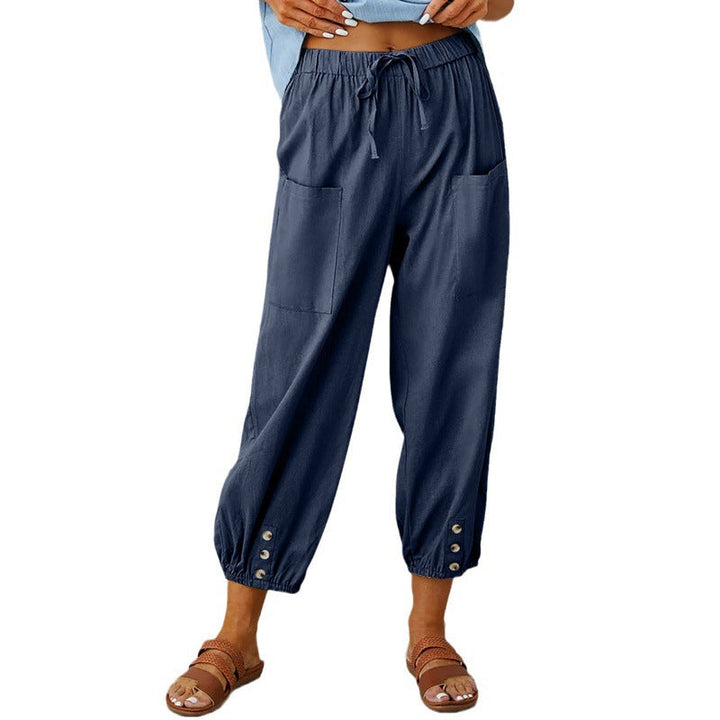Women's Lightweight Cropped Drawstring Pants with Button Hem