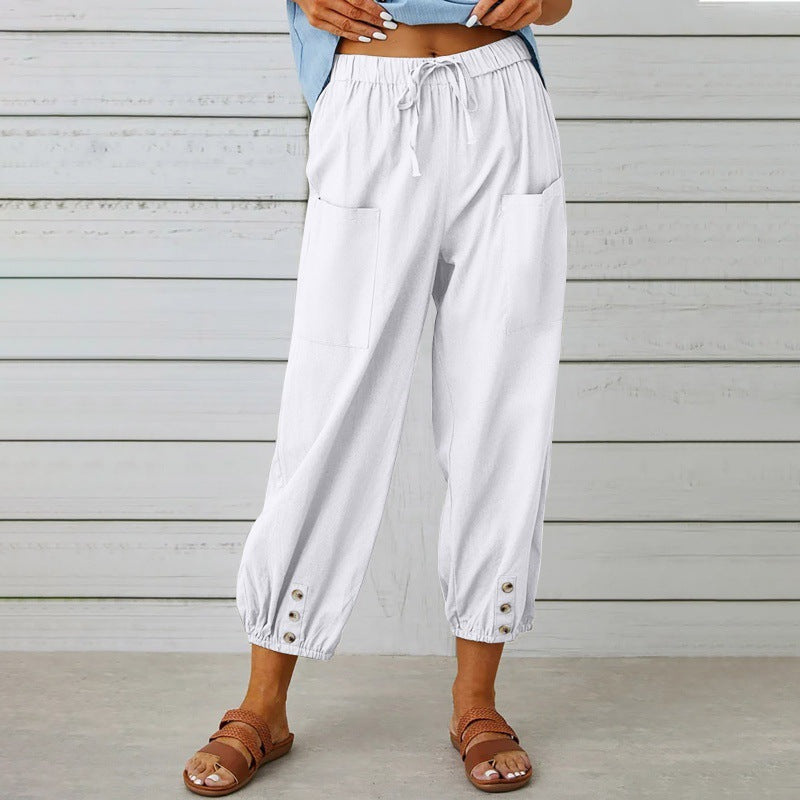 Women's Lightweight Cropped Drawstring Pants with Button Hem