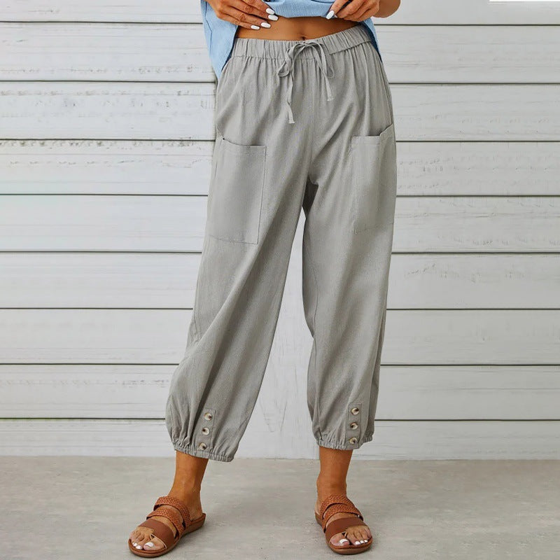 Women's Lightweight Cropped Drawstring Pants with Button Hem